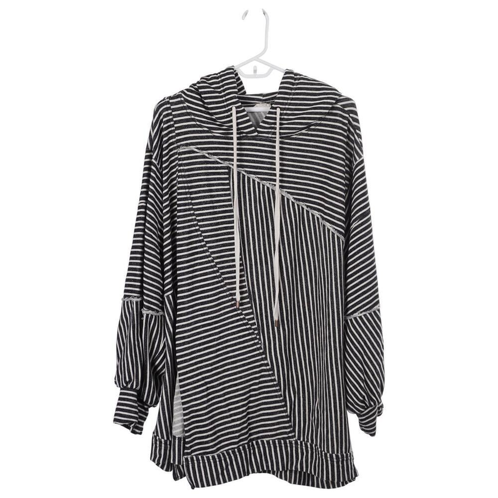 Pilcro Patchwork Sweatshirt 1X Black Cotton Stripe Hooded Pullover Anthropologie - Picture 2 of 8